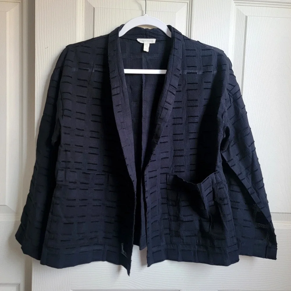 EILEEN FISHER Black Organic Cotton Textured Kimono Jacket 3/4‎ Sleeve Open Front